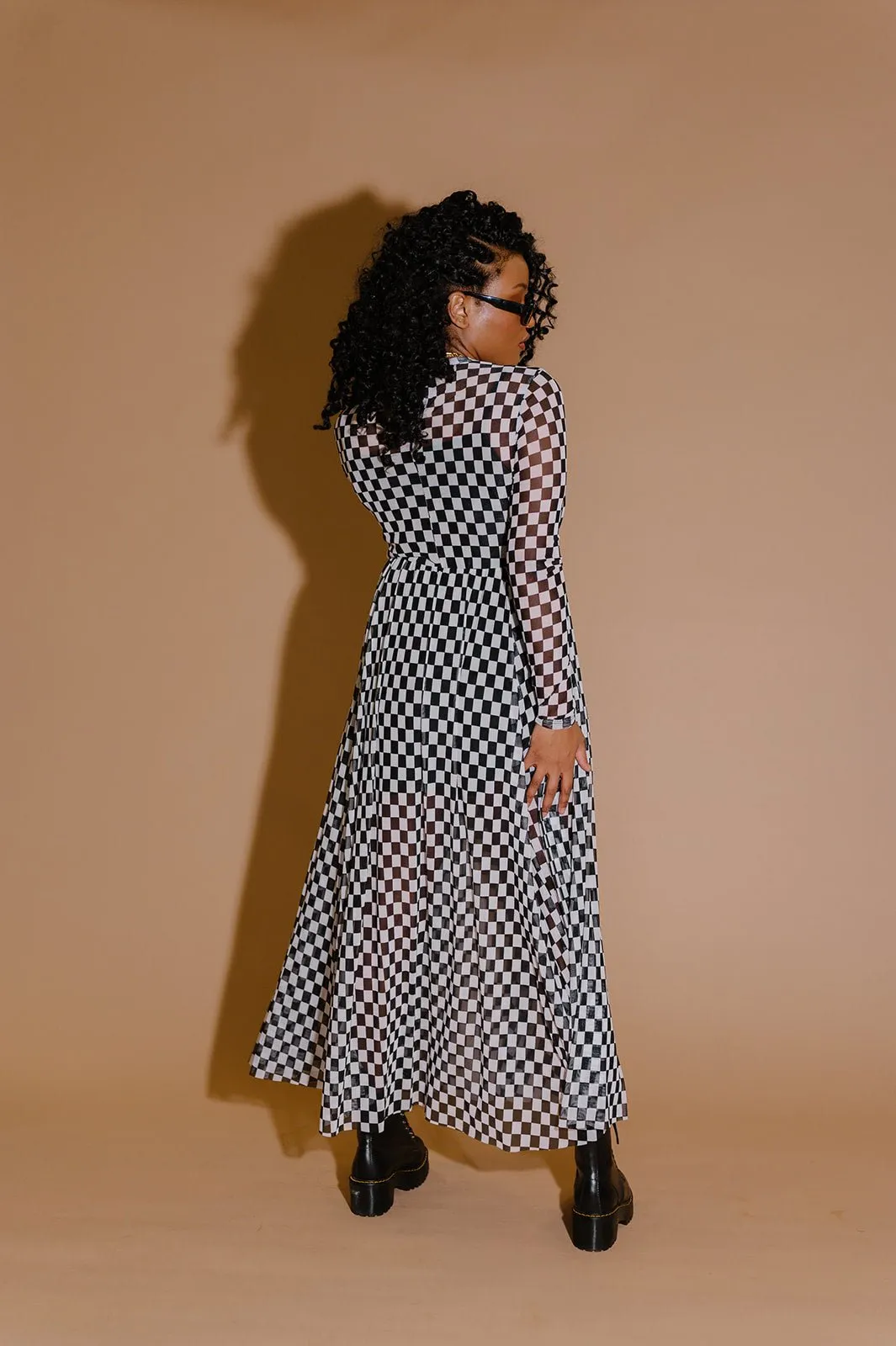 More You Mesh Maxi Dress in Black   White Checkerboard