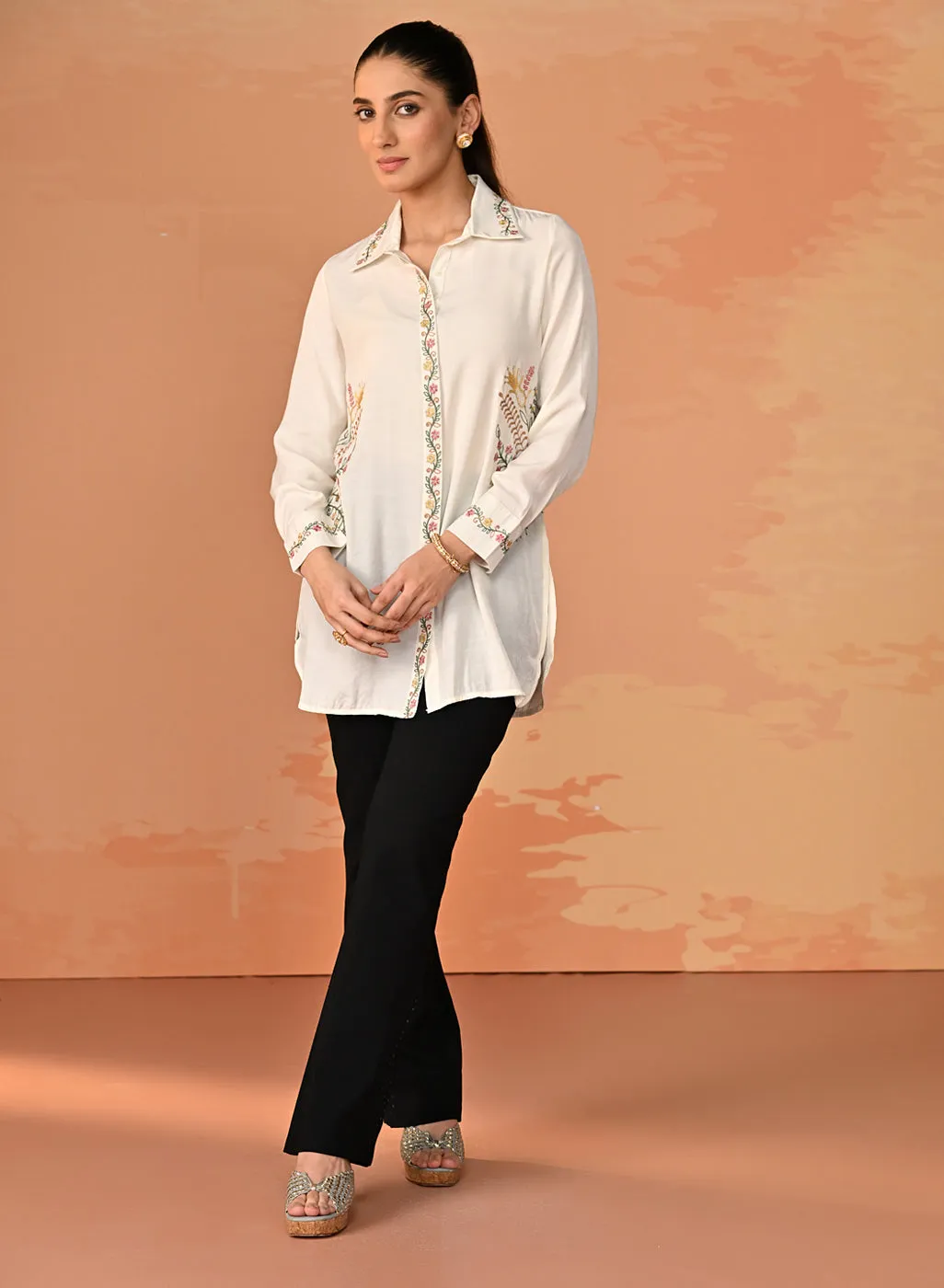 Nausheen Ivory Embroidered Viscose Shirt for Women