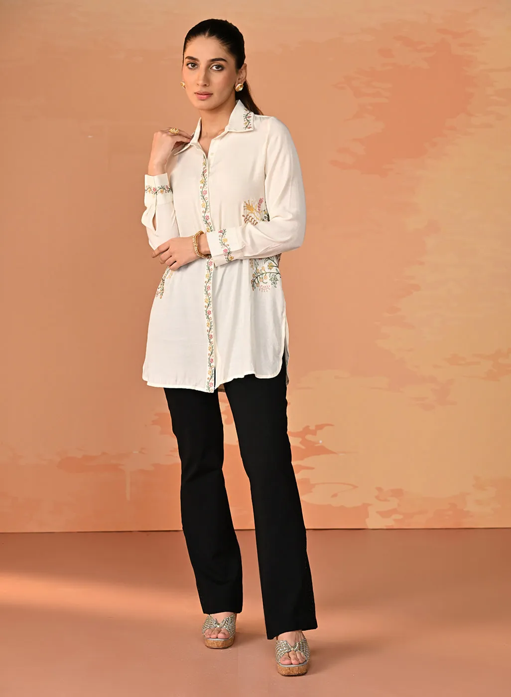 Nausheen Ivory Embroidered Viscose Shirt for Women