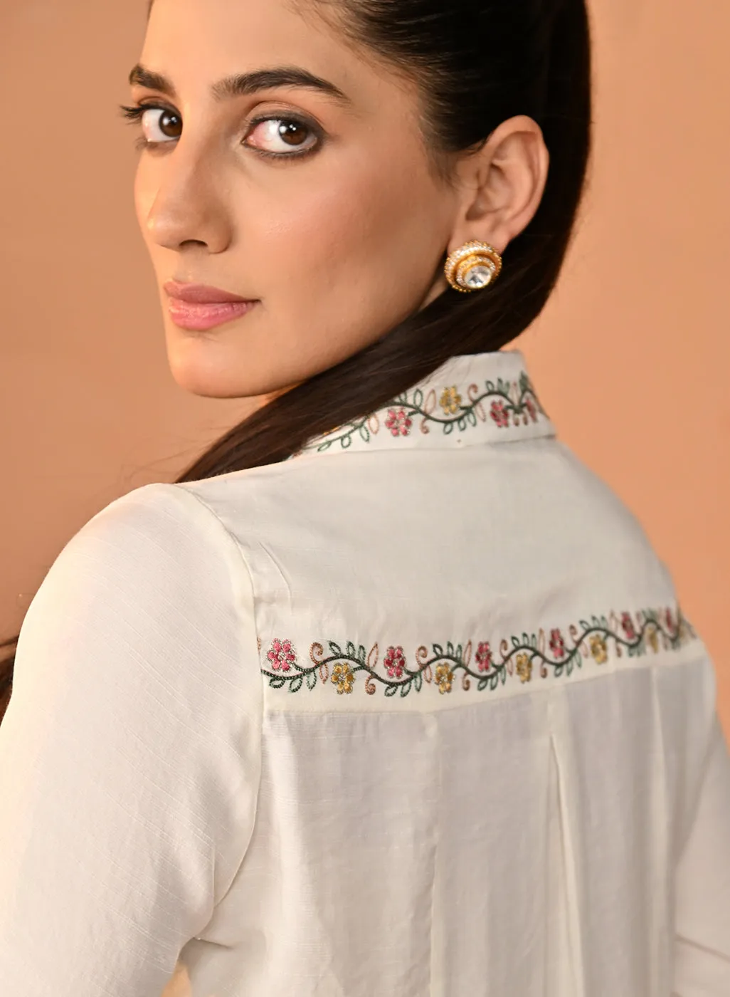 Nausheen Ivory Embroidered Viscose Shirt for Women