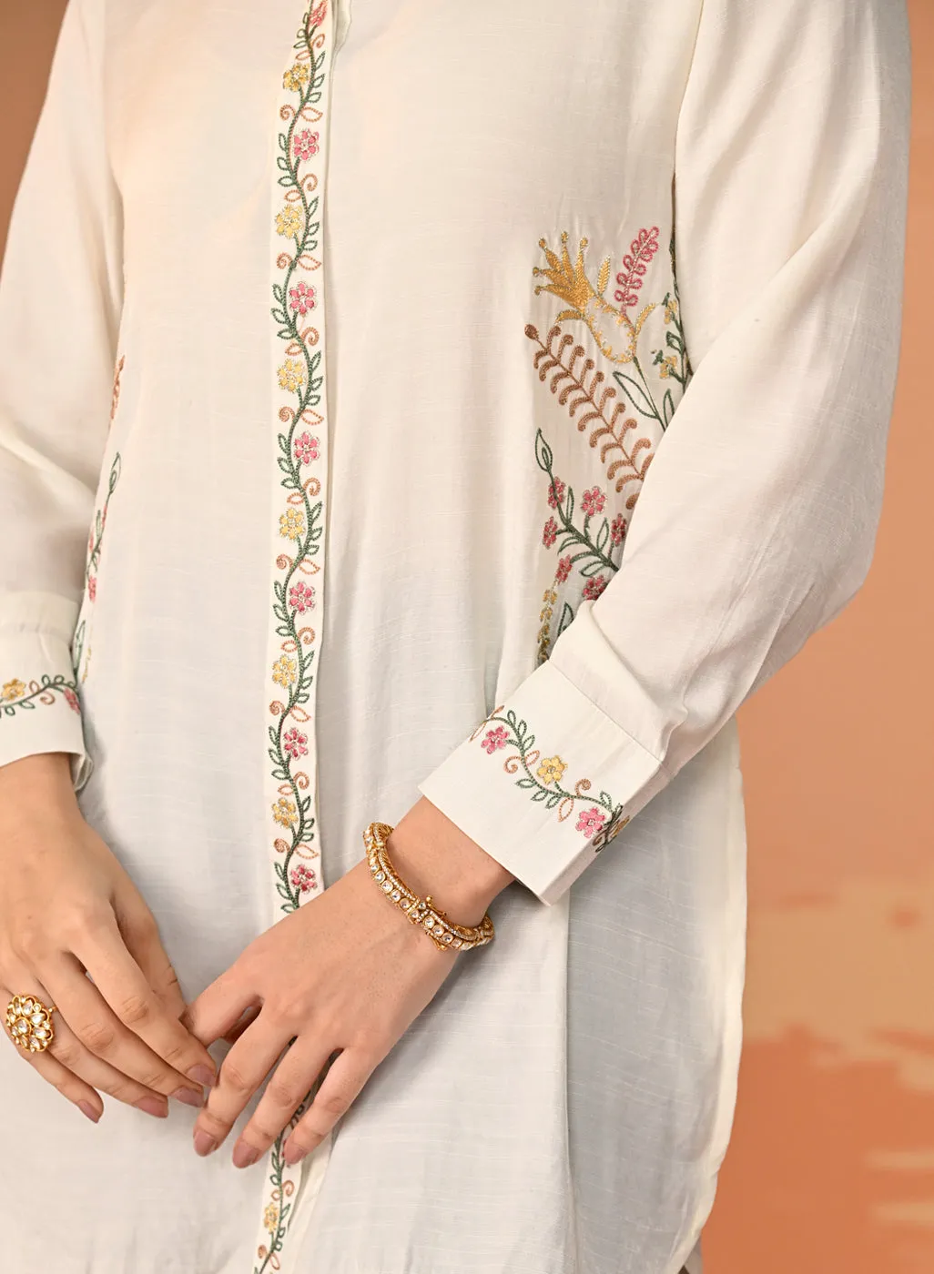 Nausheen Ivory Embroidered Viscose Shirt for Women