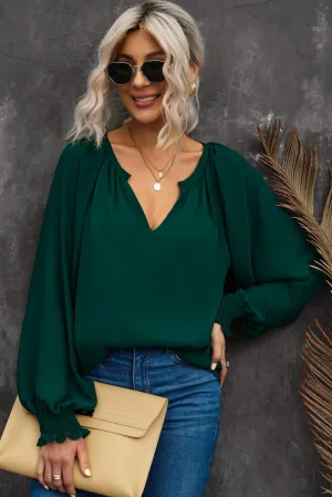 Notched Neck Lantern Sleeve Blouse