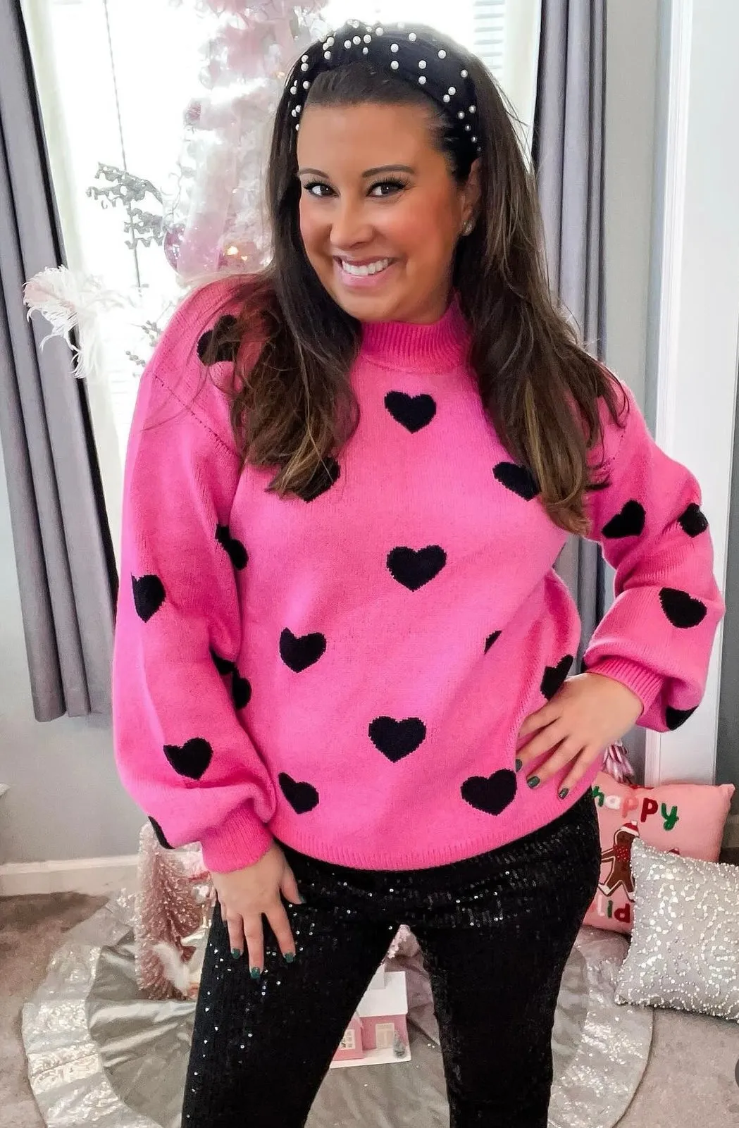 Pink Heart Pattern Knit Sweater