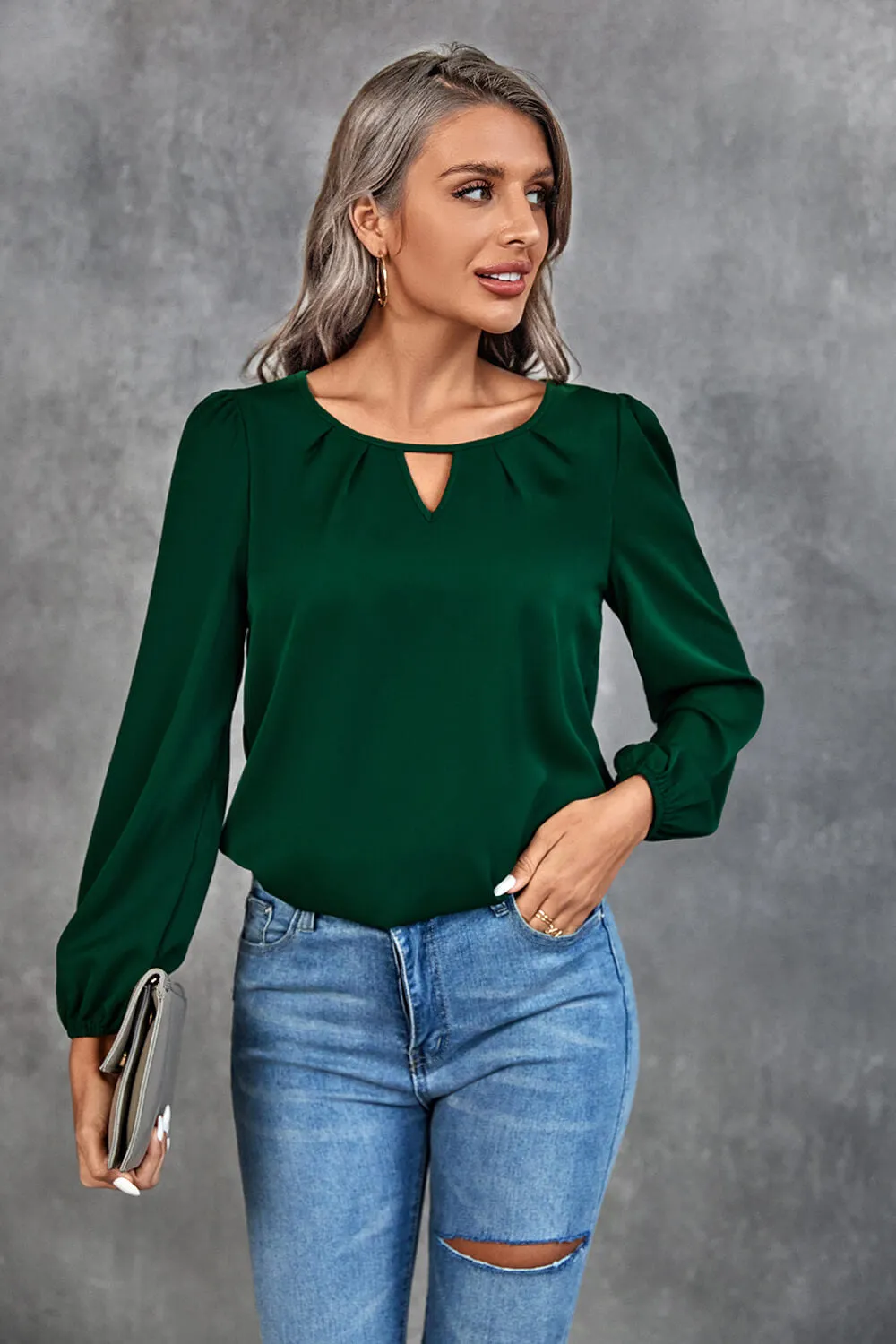 Pleated Detail Cutout Puff Sleeve Blouse