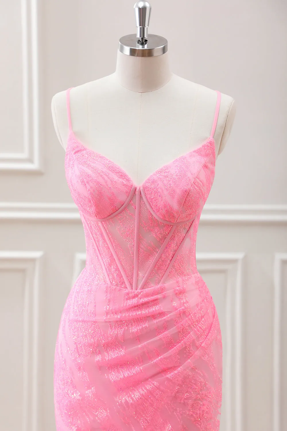 Pleated Pink Beaded Corset Bodycon Mini Dress with Lace up Back