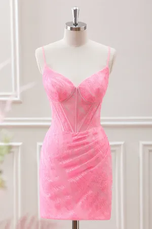 Pleated Pink Beaded Corset Bodycon Mini Dress with Lace up Back