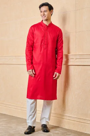 Red Kurta Set With Embroidered Collar