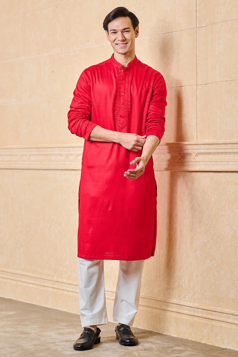 Red Kurta Set With Embroidered Collar