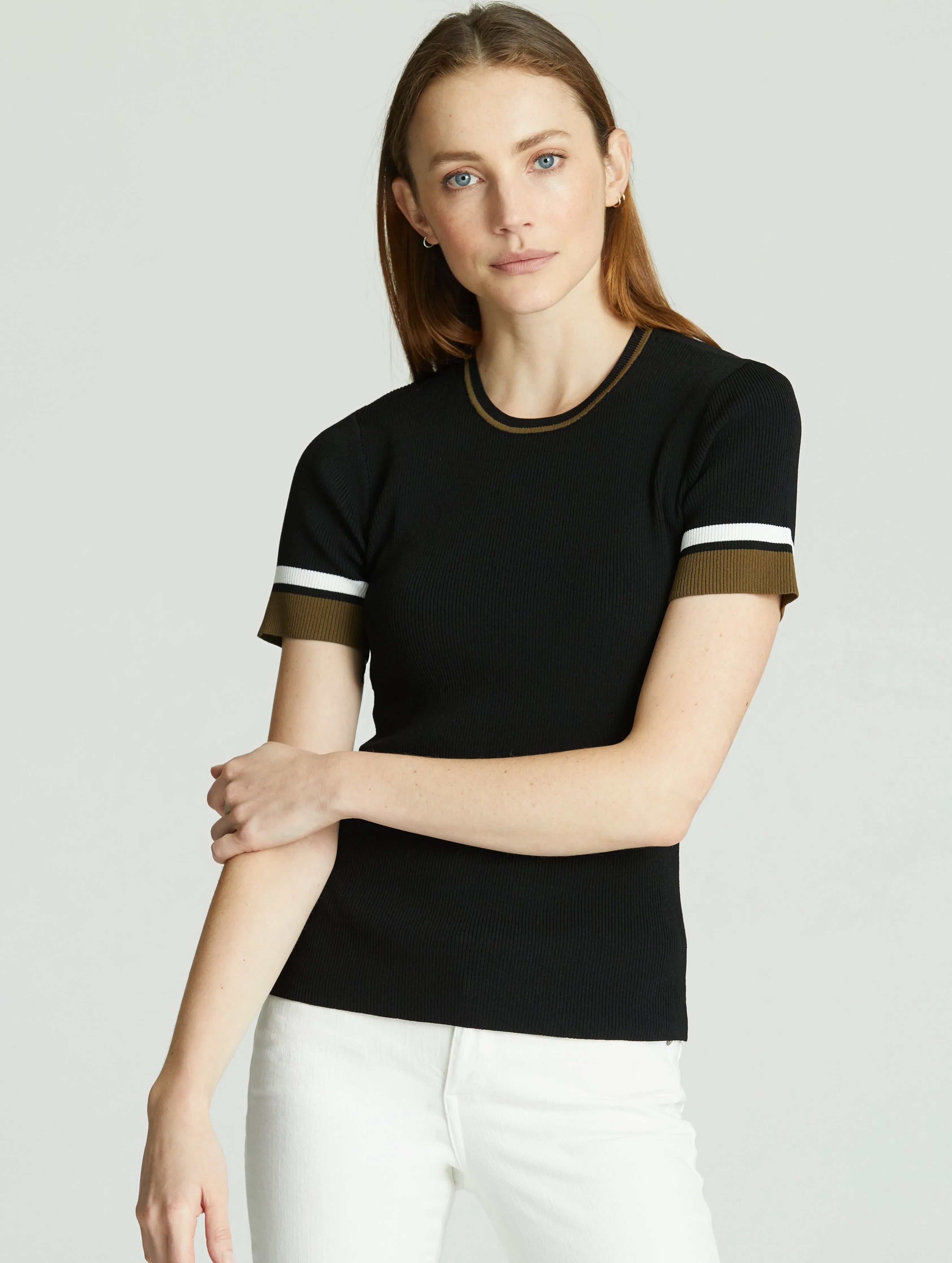 Short-Sleeve Rib-Knit Crew Sweater - Onyx Black