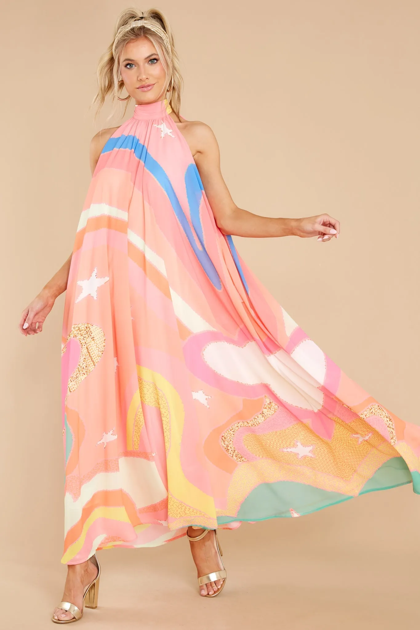 Soar Above It Peach Pink Multi Maxi Dress