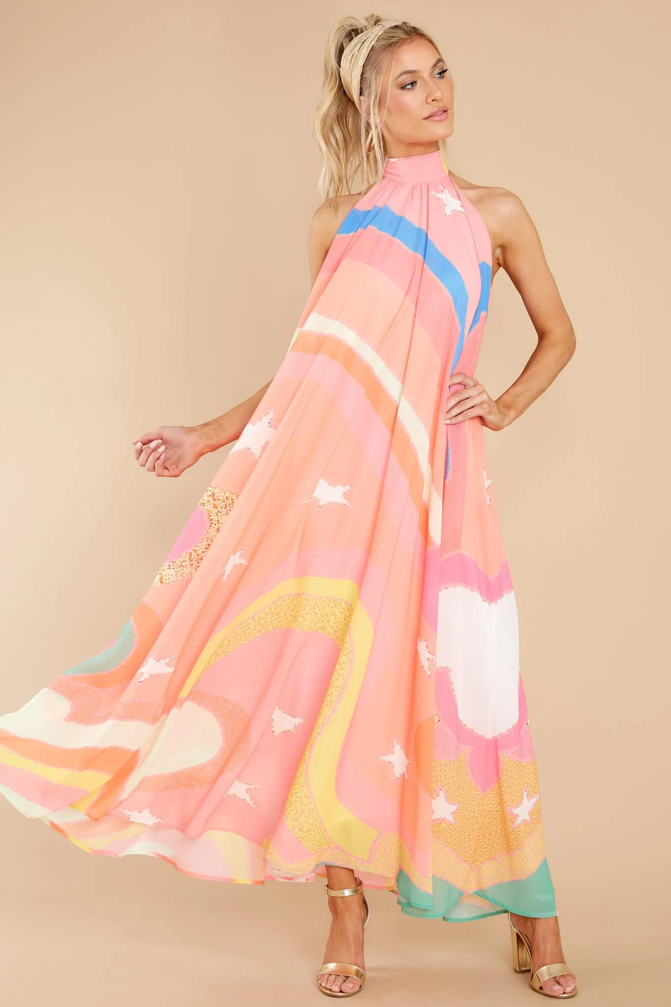 Soar Above It Peach Pink Multi Maxi Dress