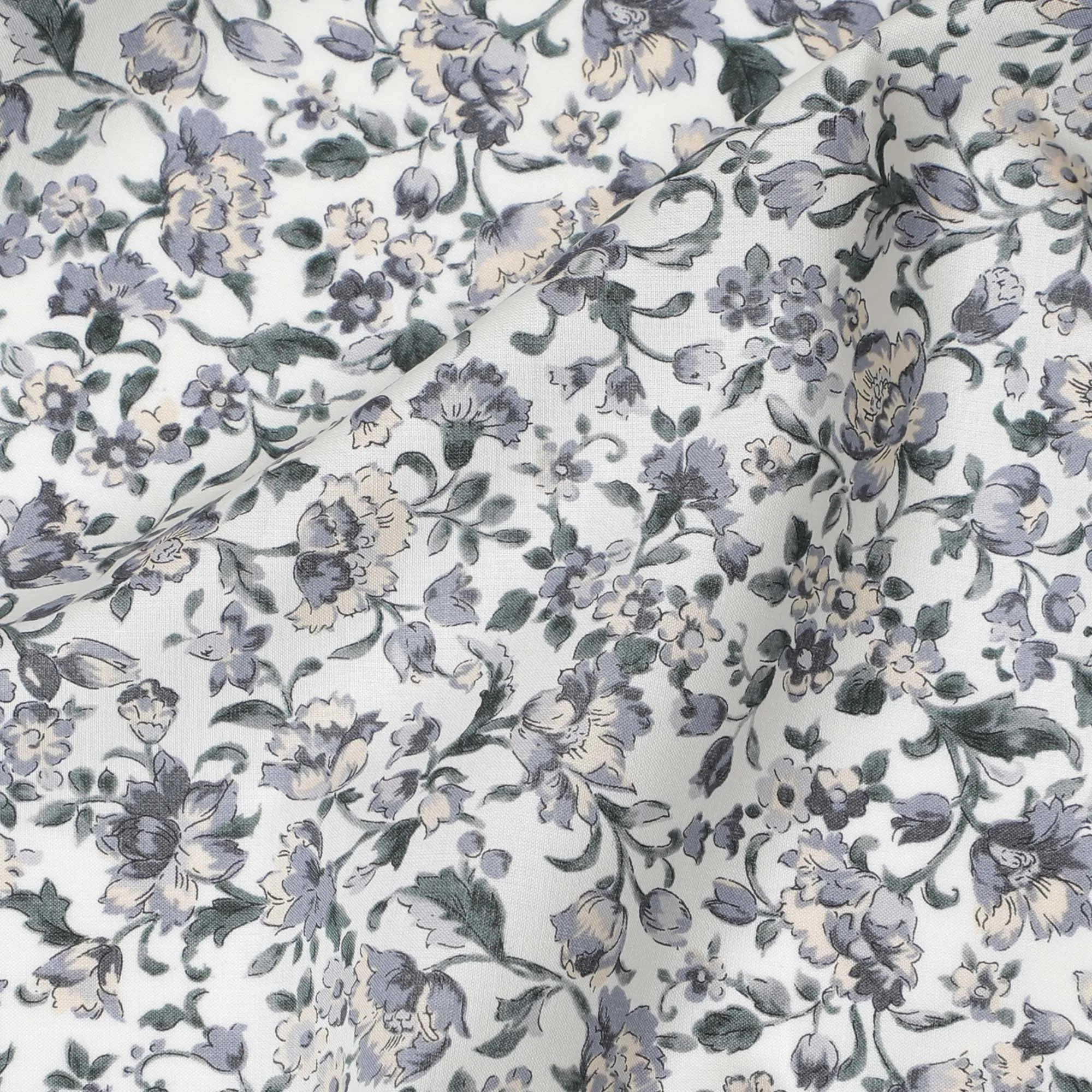 Sophisticated White Floral Cotton Lawn Fabric with Grey and Lavender Blooms, 110 cm Wide, Japanese Design-D19548