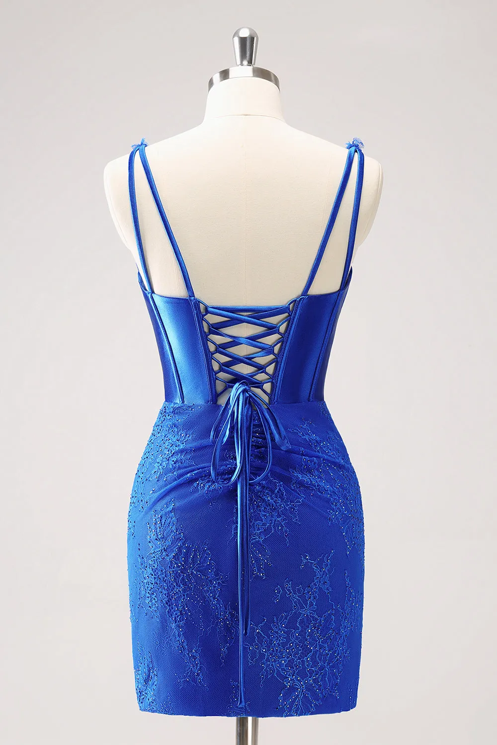 Sparkly Royal Blue Corset Beaded Lace Appliques Tight Mini Dress