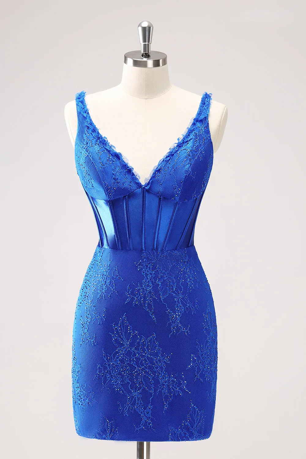 Sparkly Royal Blue Corset Beaded Lace Appliques Tight Mini Dress