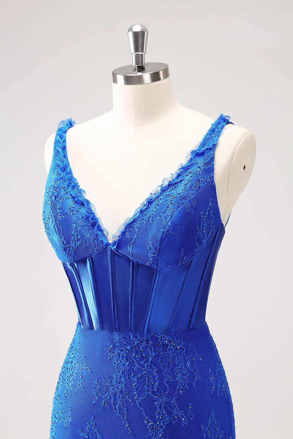 Sparkly Royal Blue Corset Beaded Lace Appliques Tight Mini Dress