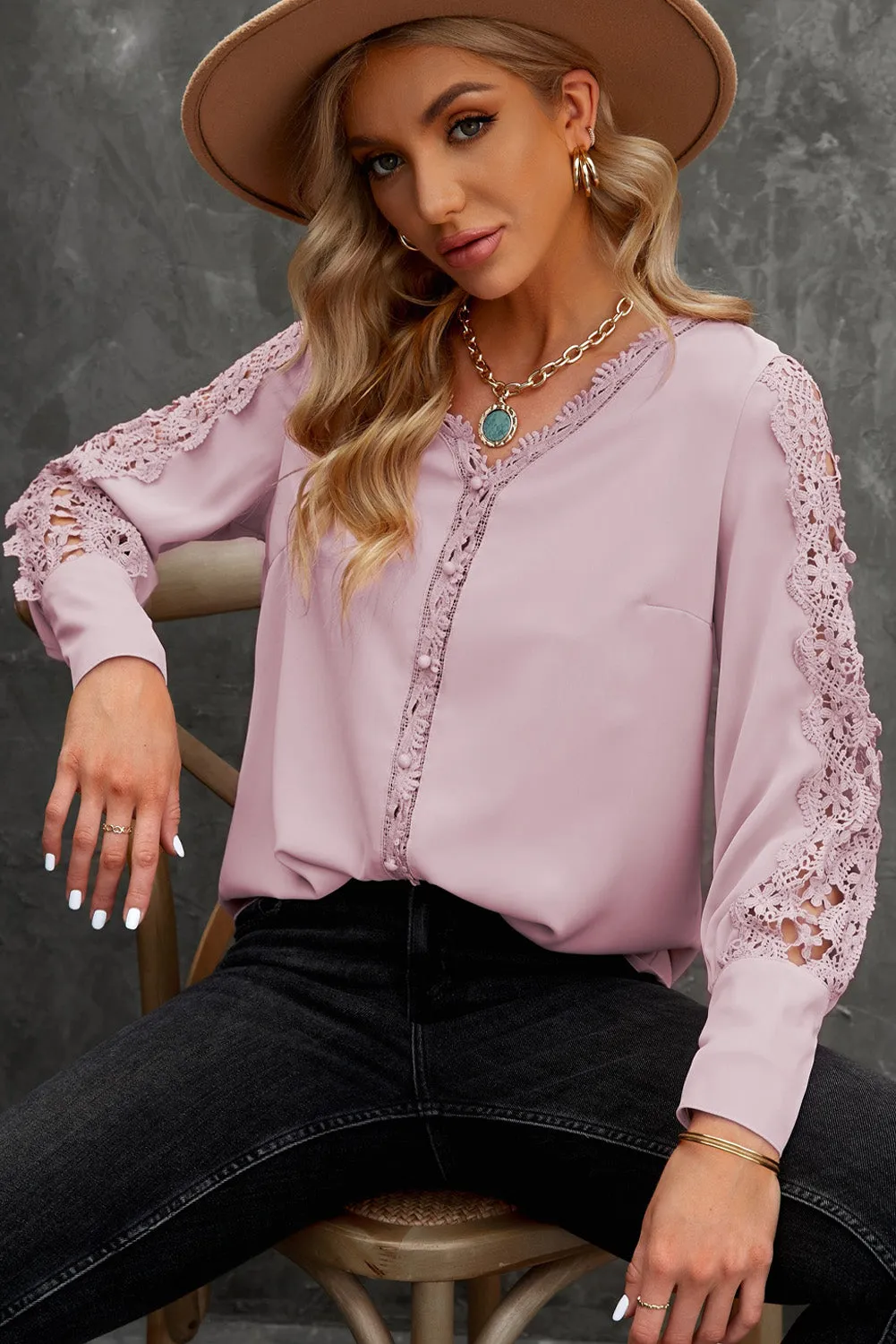 Spliced Lace V-Neck Blouse