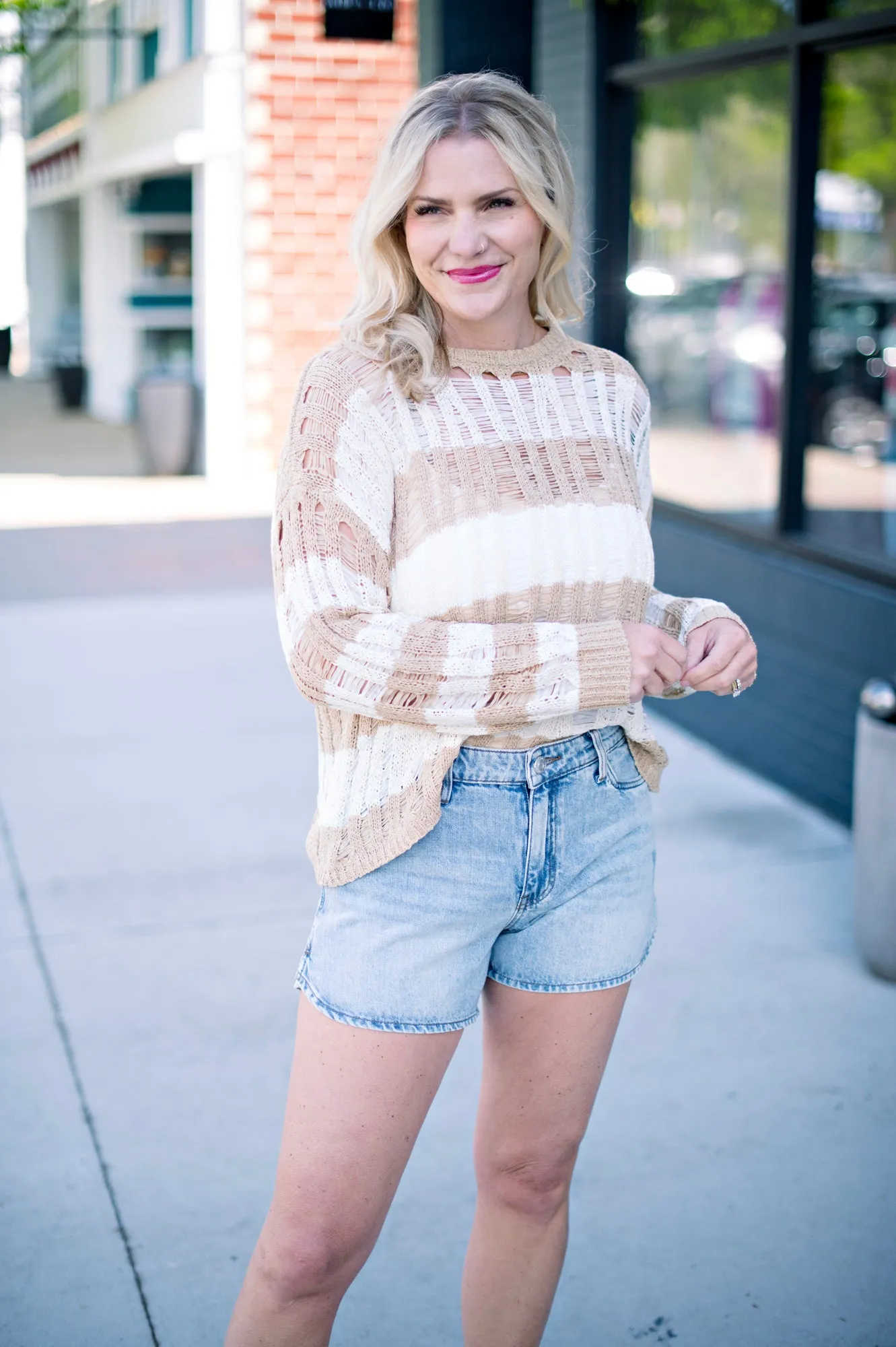 STRIPED LADDER KNIT PULLOVER SWEATER