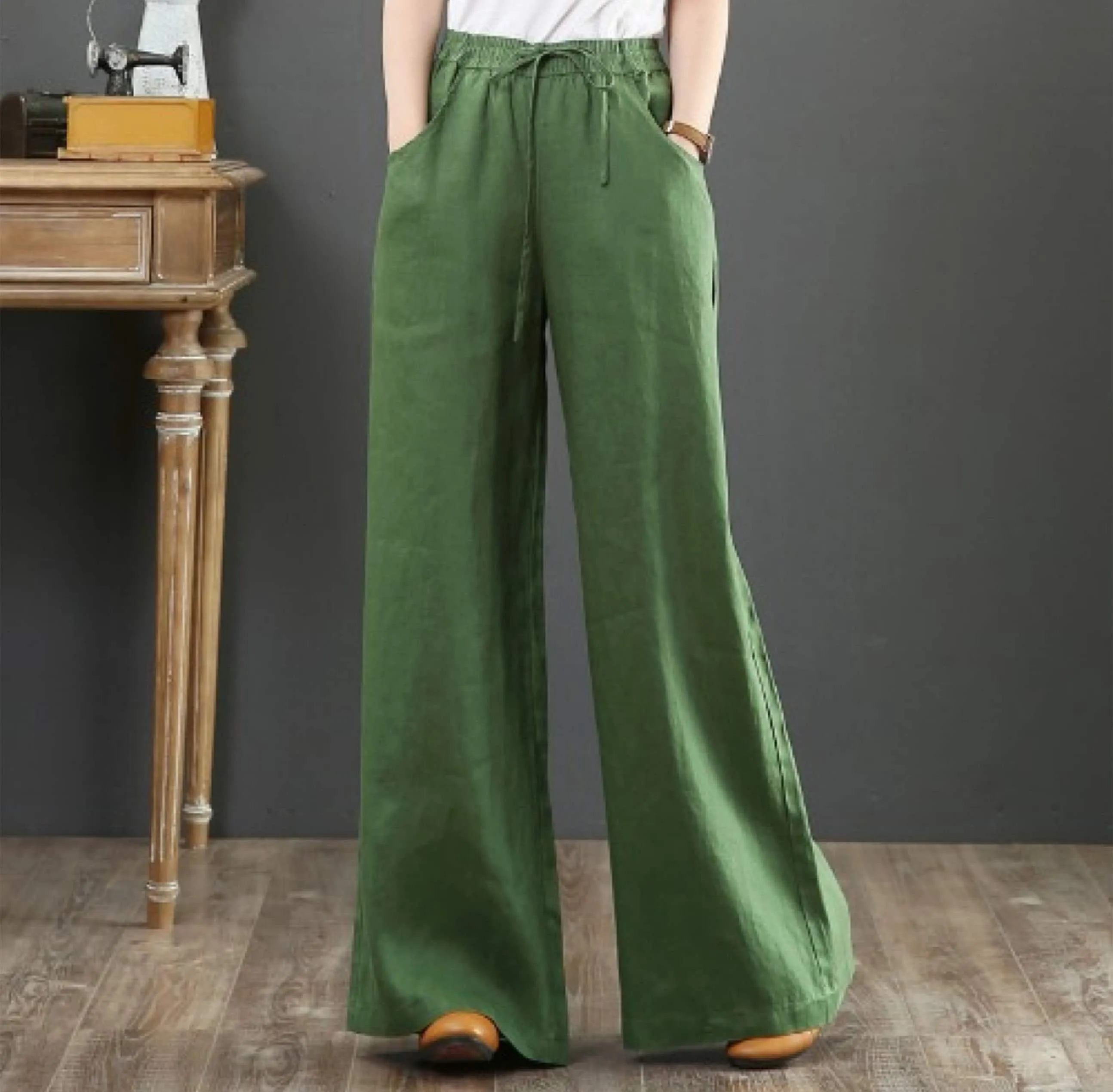 Summer Literary Cotton And Linen Women's Trousers, Linen Blend Drawstring Pants, High-Waist Mopping Pants, Straight Trousers Linen Pants