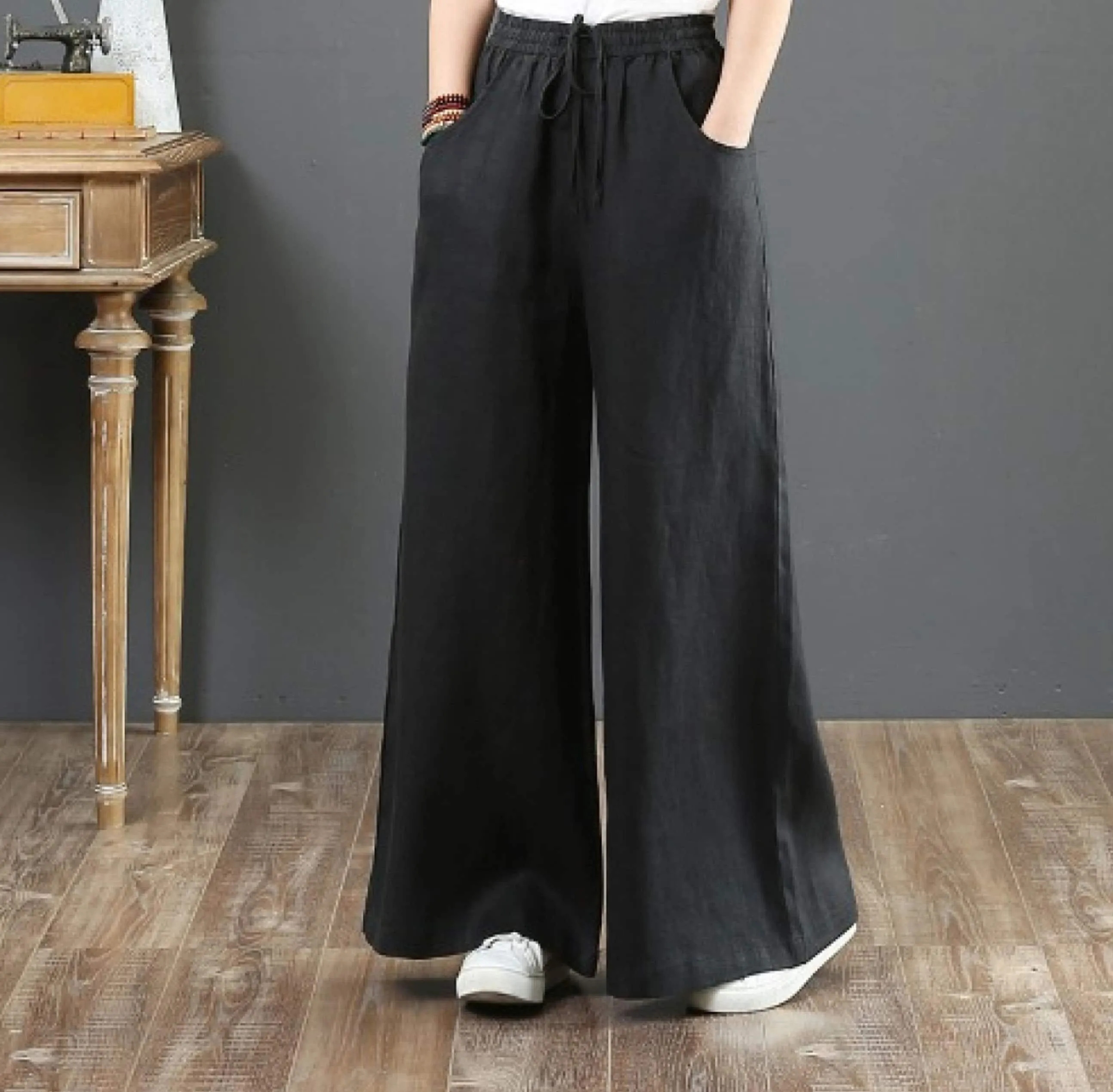 Summer Literary Cotton And Linen Women's Trousers, Linen Blend Drawstring Pants, High-Waist Mopping Pants, Straight Trousers Linen Pants