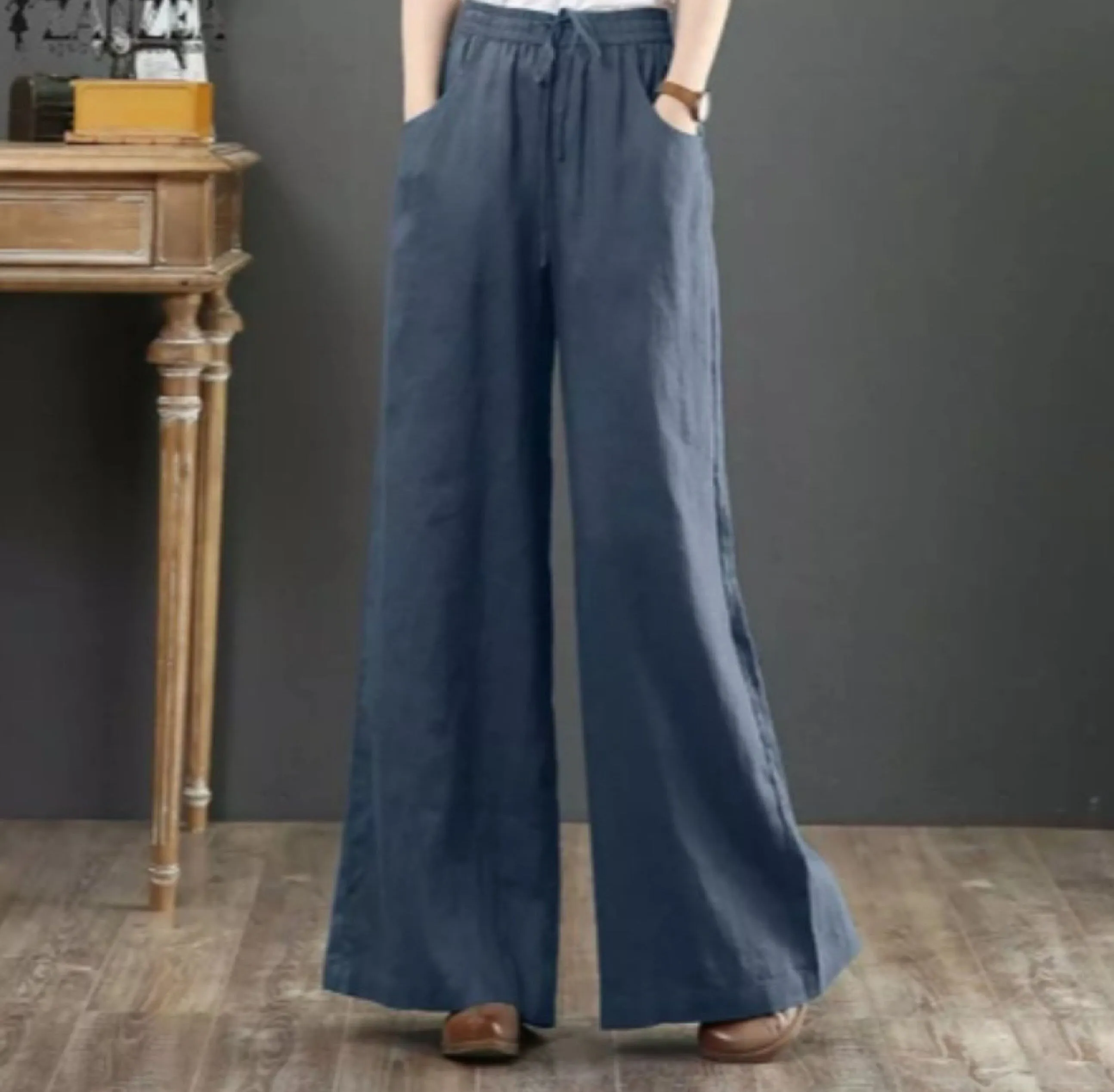 Summer Literary Cotton And Linen Women's Trousers, Linen Blend Drawstring Pants, High-Waist Mopping Pants, Straight Trousers Linen Pants