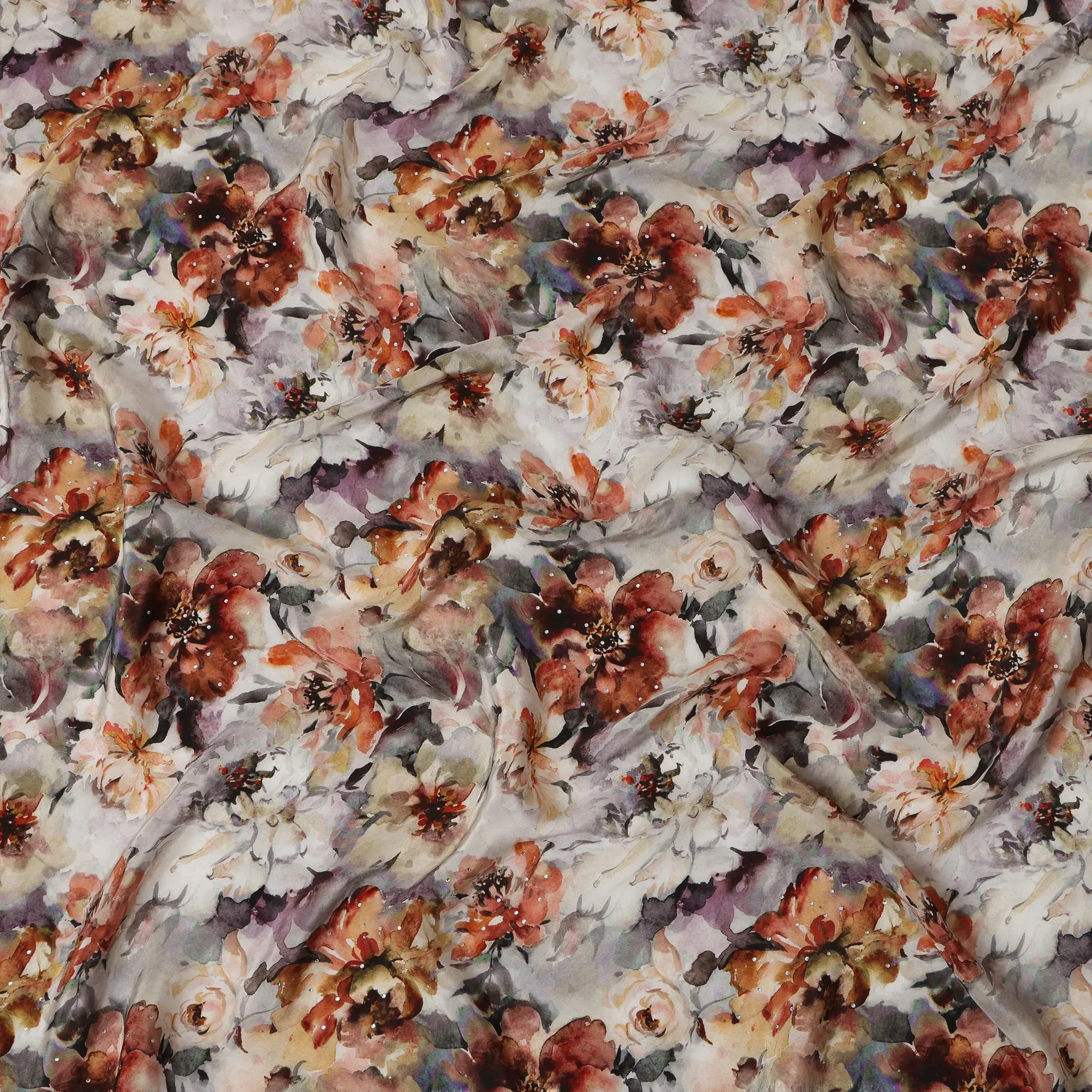 Synthetic Crepe Fabric with Stone Work - Autumn Floral Print in Warm Earthy Tones, 110 cm Width-D20644