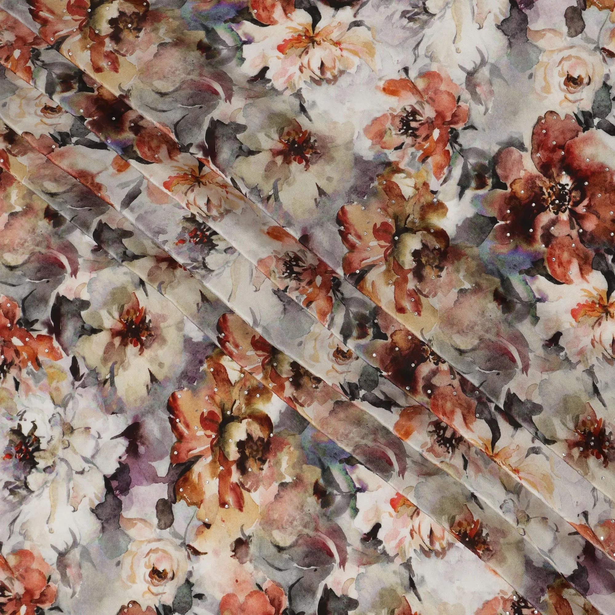 Synthetic Crepe Fabric with Stone Work - Autumn Floral Print in Warm Earthy Tones, 110 cm Width-D20644