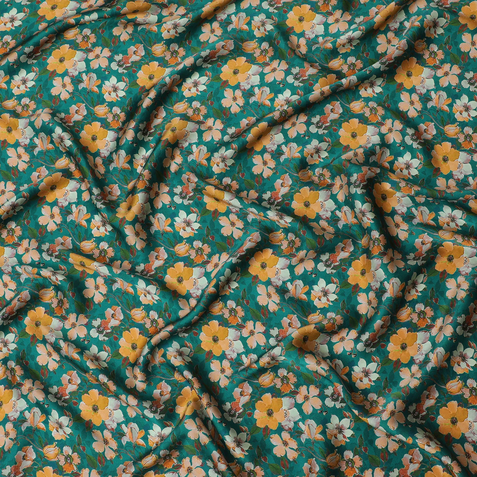 Teal Green & Orange Floral Silk Satin Fabric with Mirror Work - 110 cm Width-D20283