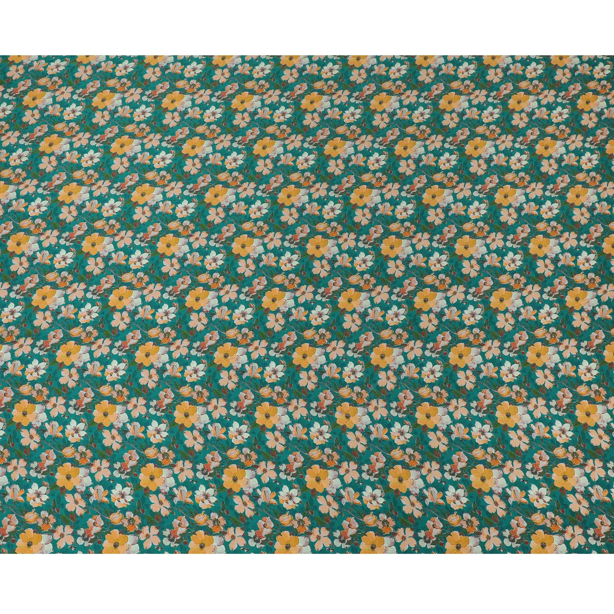 Teal Green & Orange Floral Silk Satin Fabric with Mirror Work - 110 cm Width-D20283