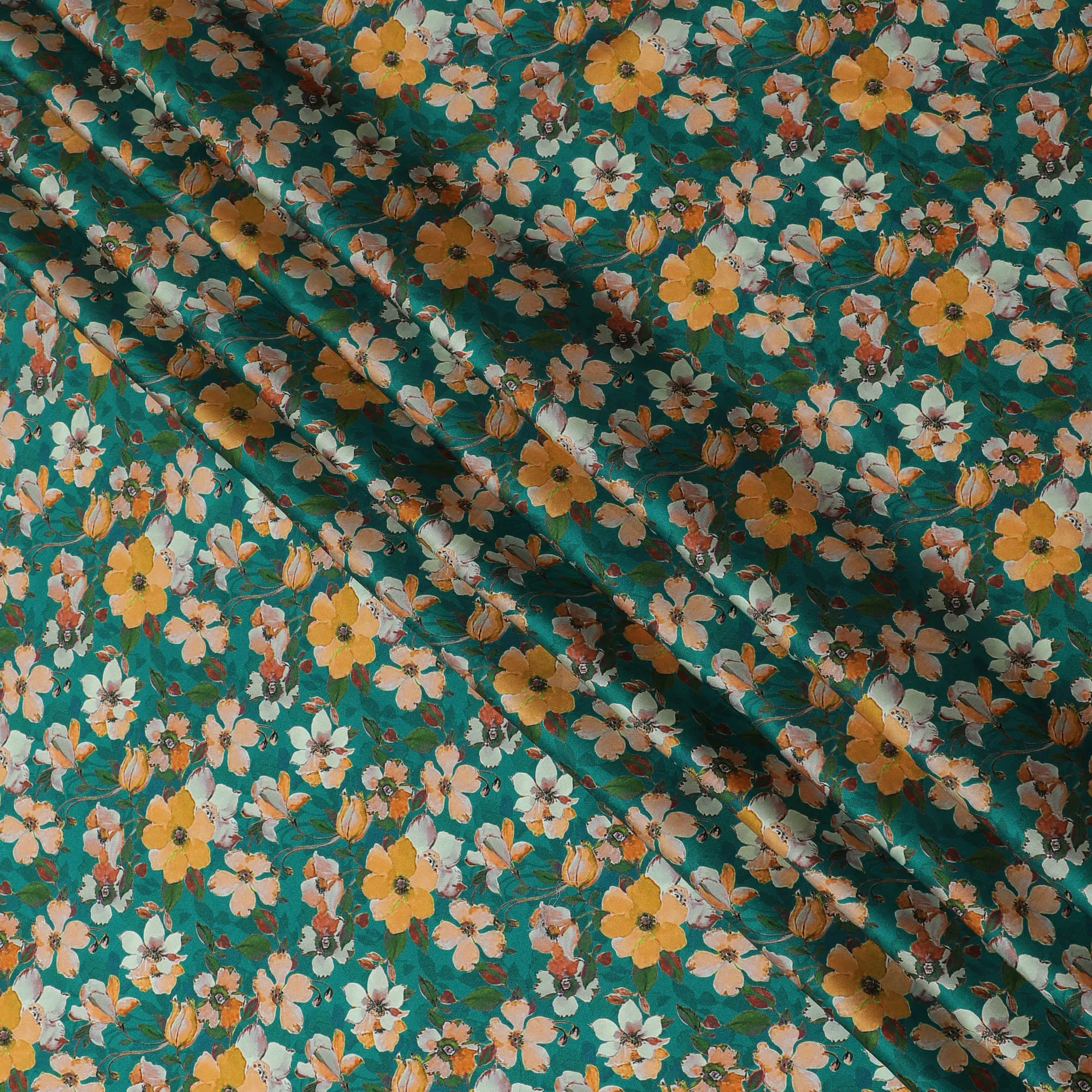 Teal Green & Orange Floral Silk Satin Fabric with Mirror Work - 110 cm Width-D20283