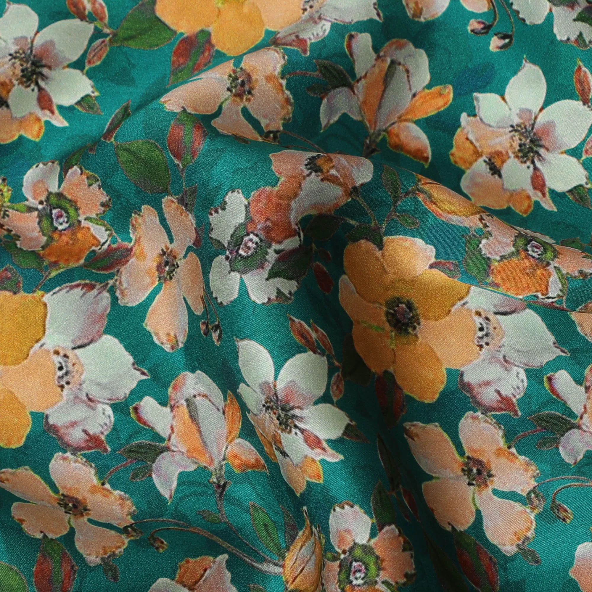 Teal Green & Orange Floral Silk Satin Fabric with Mirror Work - 110 cm Width-D20283