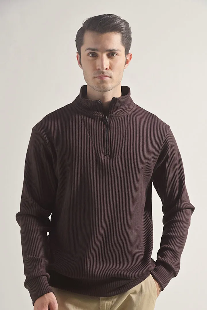 Textured Half Zipper Sweatshirt - Dark Brown