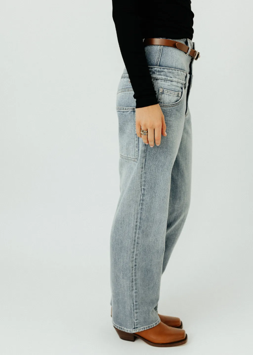 Tibi Classic Wash Denim DBL Waisted Slouchy Carpenter Jeans