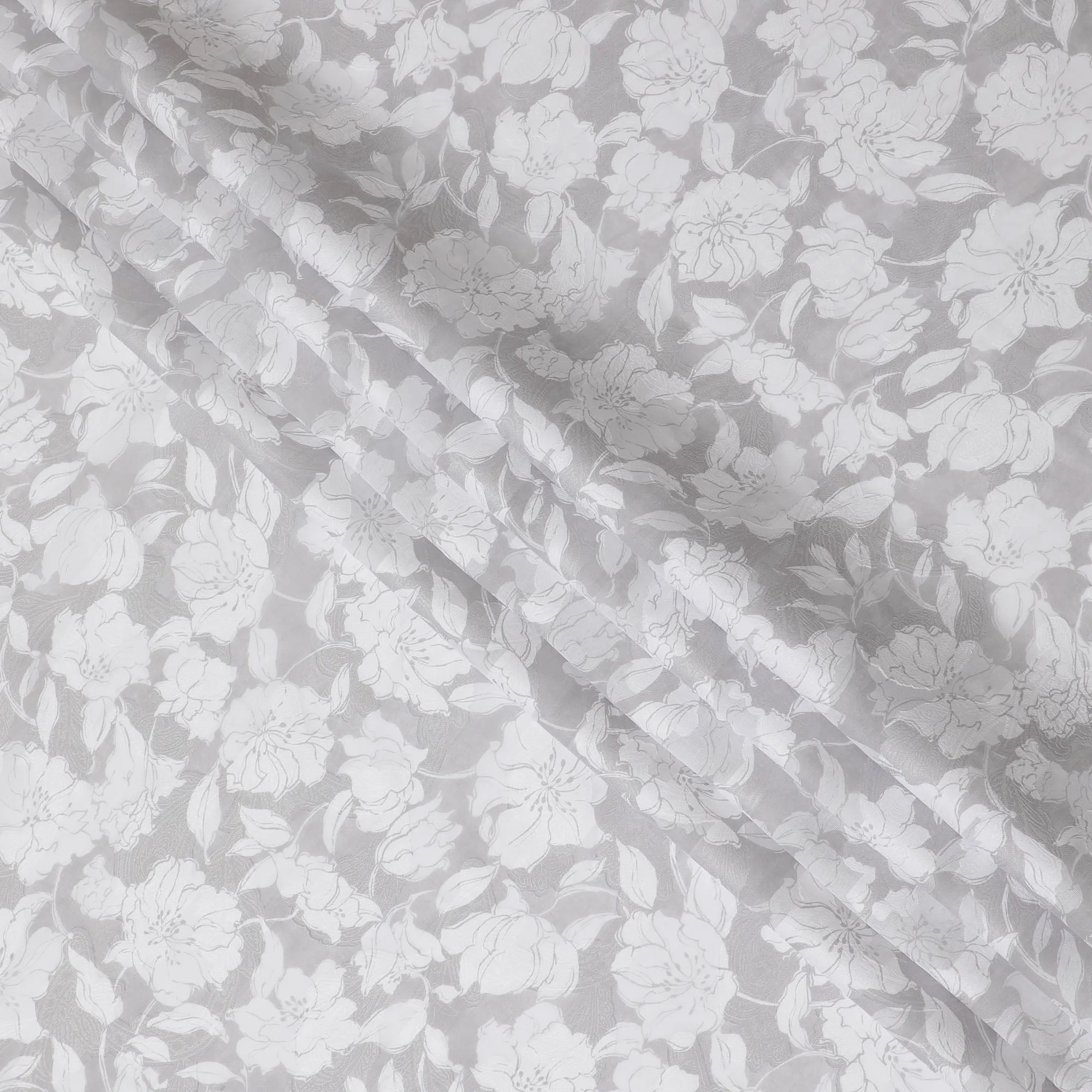 Uragiri Cotton Voile Fabric with Jacquard, 110 cm Width, White and Grey Floral Design-D19964