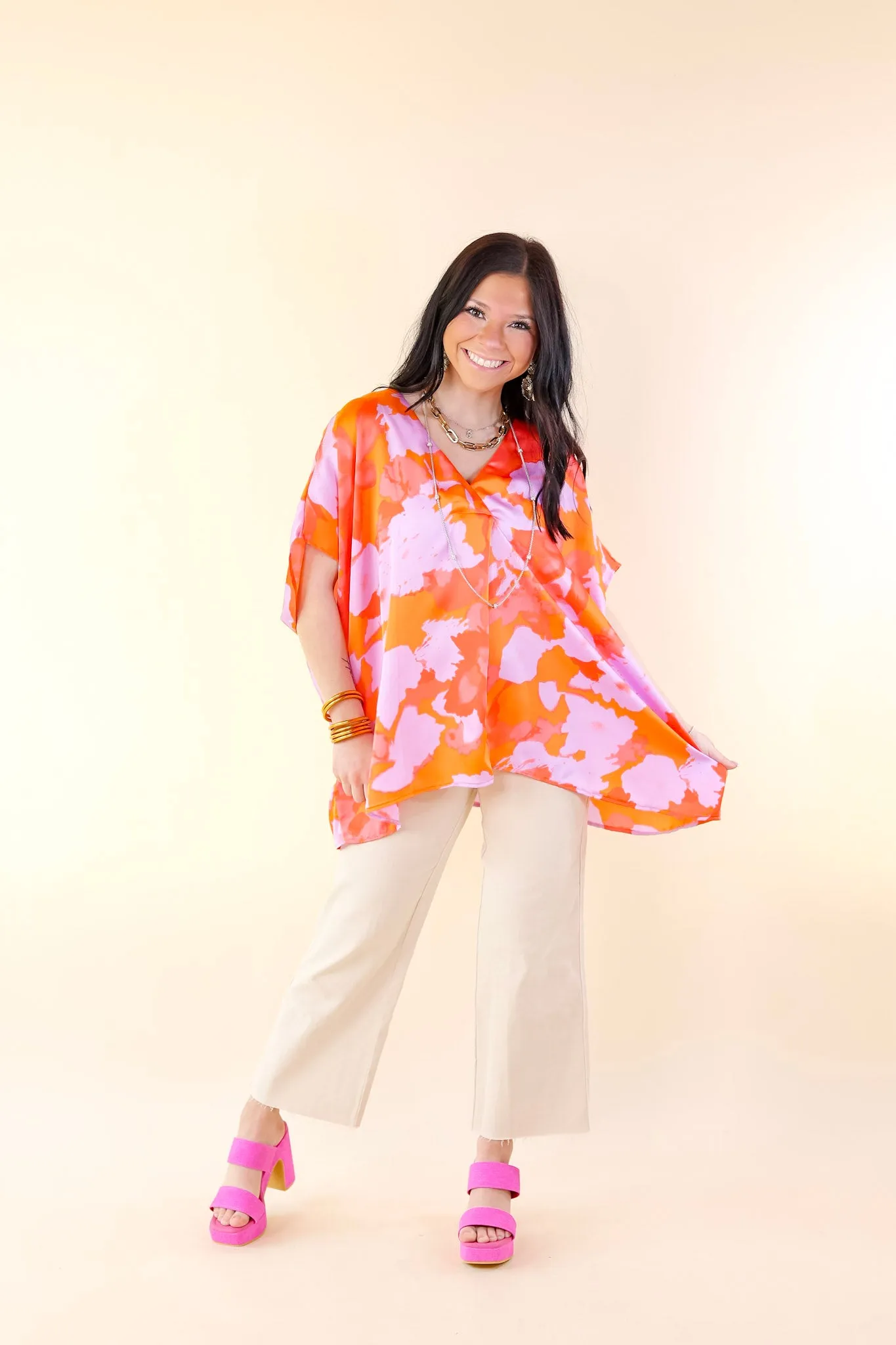 Weekend Out V Neck Short Sleeve Top in Orange and Purple