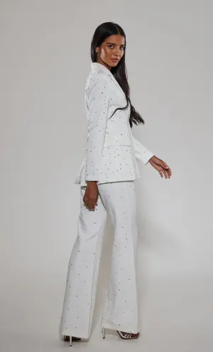 White Diamante Embellished Flared Trousers