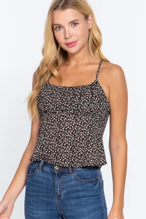 Women's Ruched Open Back Print Cami Woven Top